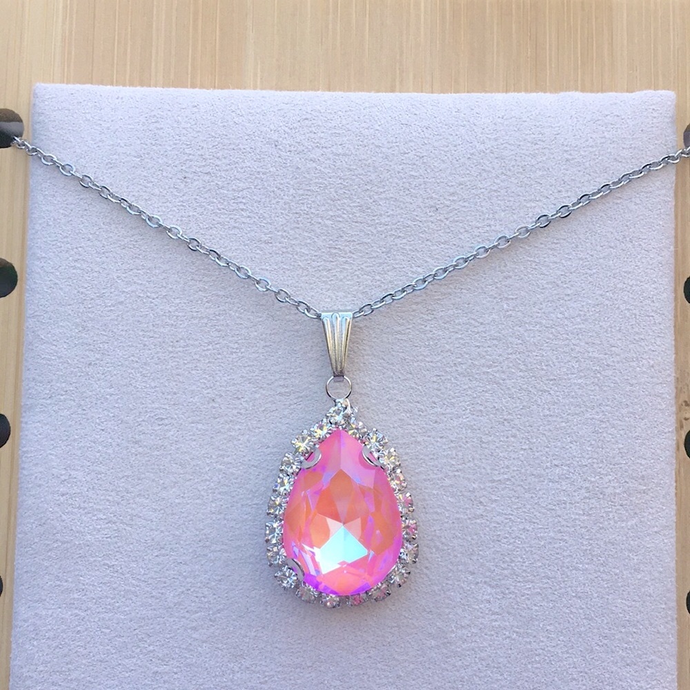 Pink Aurora Borealis + Silver Crystal Halo Pear Drop Pendant Necklace - Picture 8 of 11
